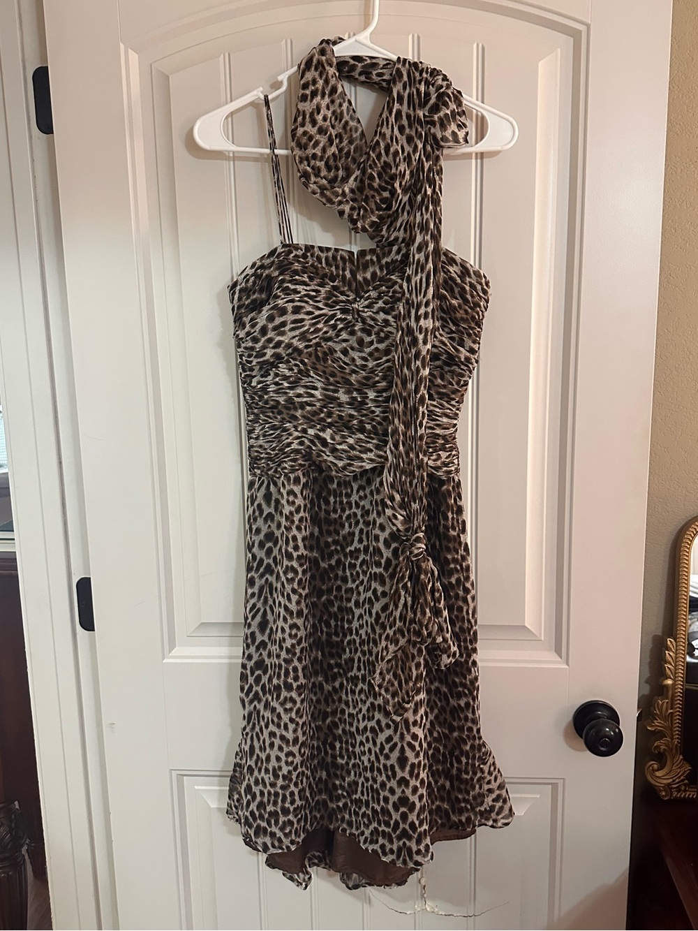 JS Collections Leopard Print Sweetheart Neckline Formal Dress with Scarf
